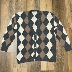 Vtg Argyle Wool Angora Blend Cardigan Sweater Womens L Golf Preppy Academia 90s